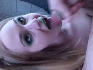 Sweet Blonde In Green Swallows Sperm