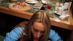 Public Blow-Job Under The Table In The Restaurant. Jizz In Mouth.